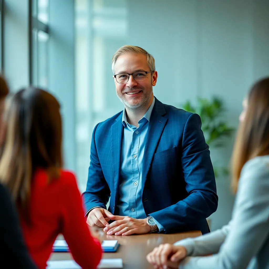 Zufriedene Führungskraft im Gespräch mit Teammitgliedern