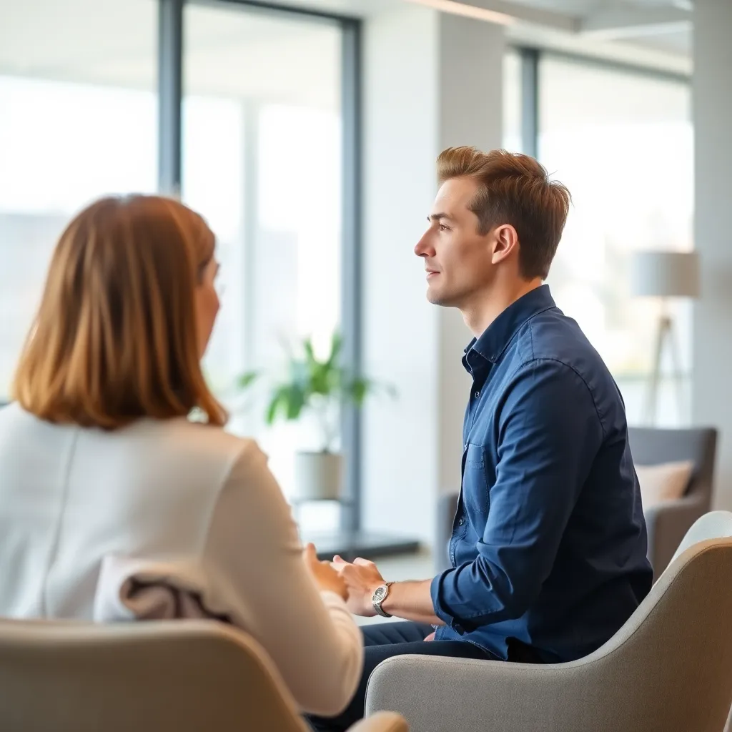 Eine Person, die während einer Coaching-Sitzung in einem hellen, modernen Büro in Deutschland reflektiert und Notizen macht
