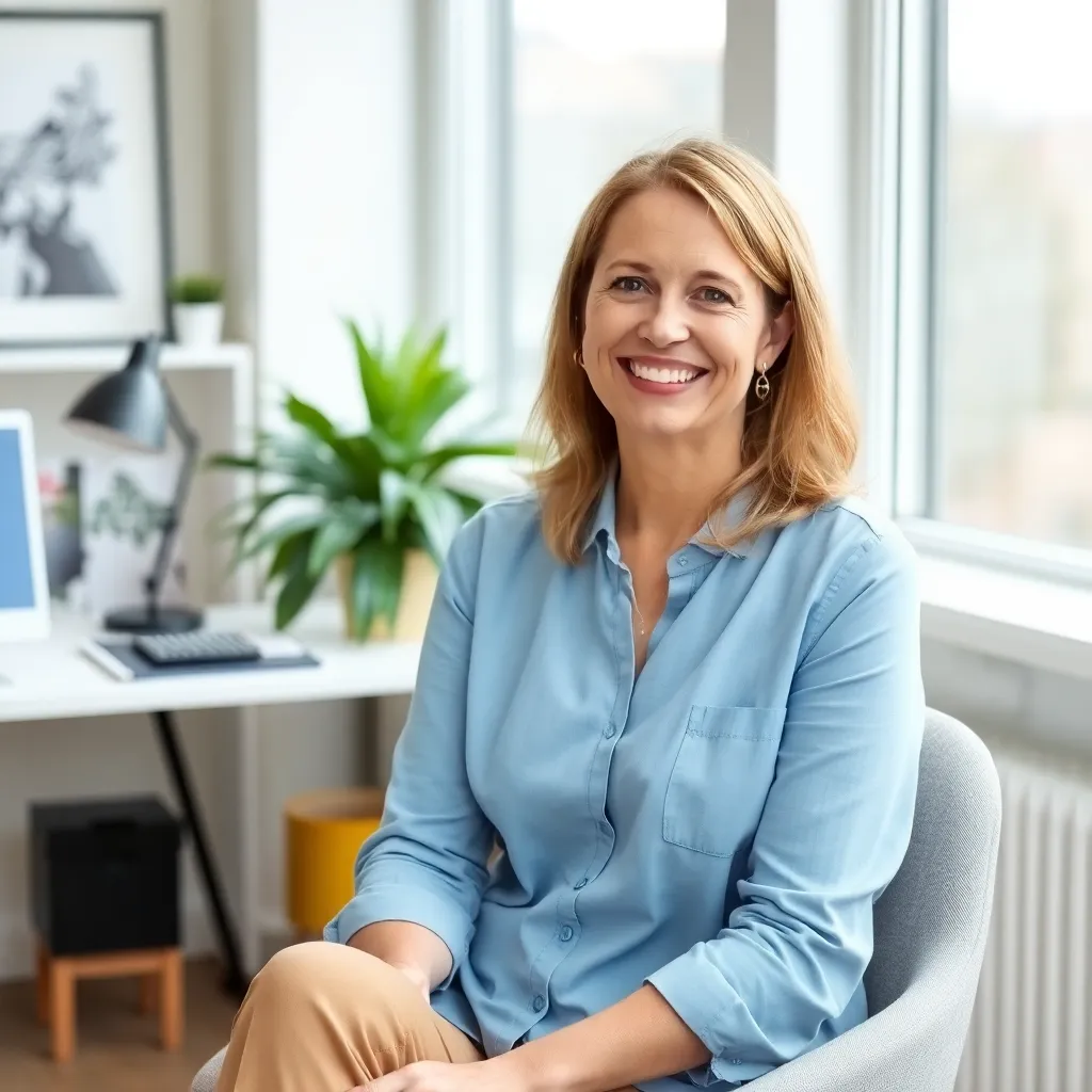 Portrait des Life Coaches Dr. Julia Bergmann, die in einem hellen Büro in Berlin sitzt und lächelt