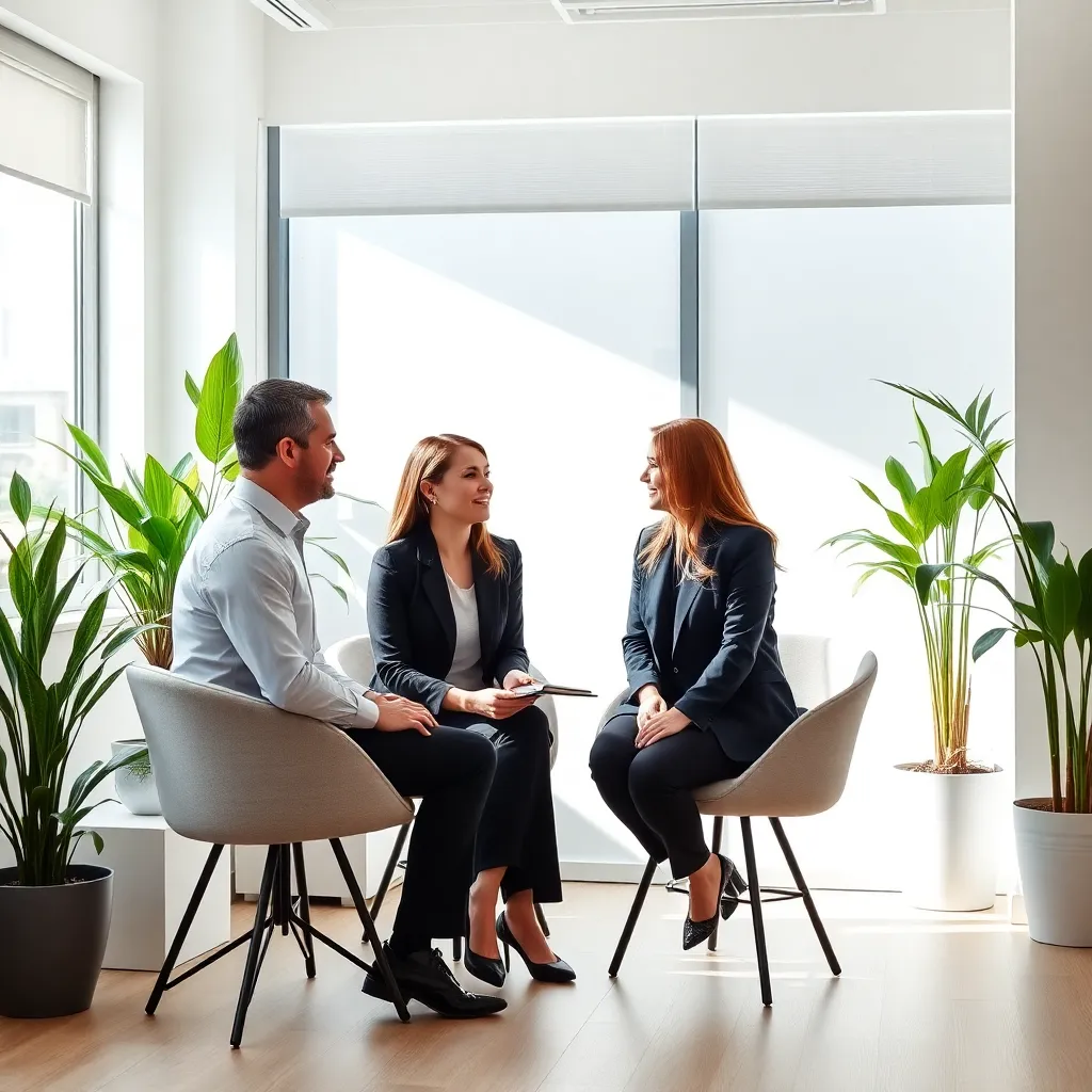 Coach und Klient im entspannten Erstgespräch in einem hellen Büro