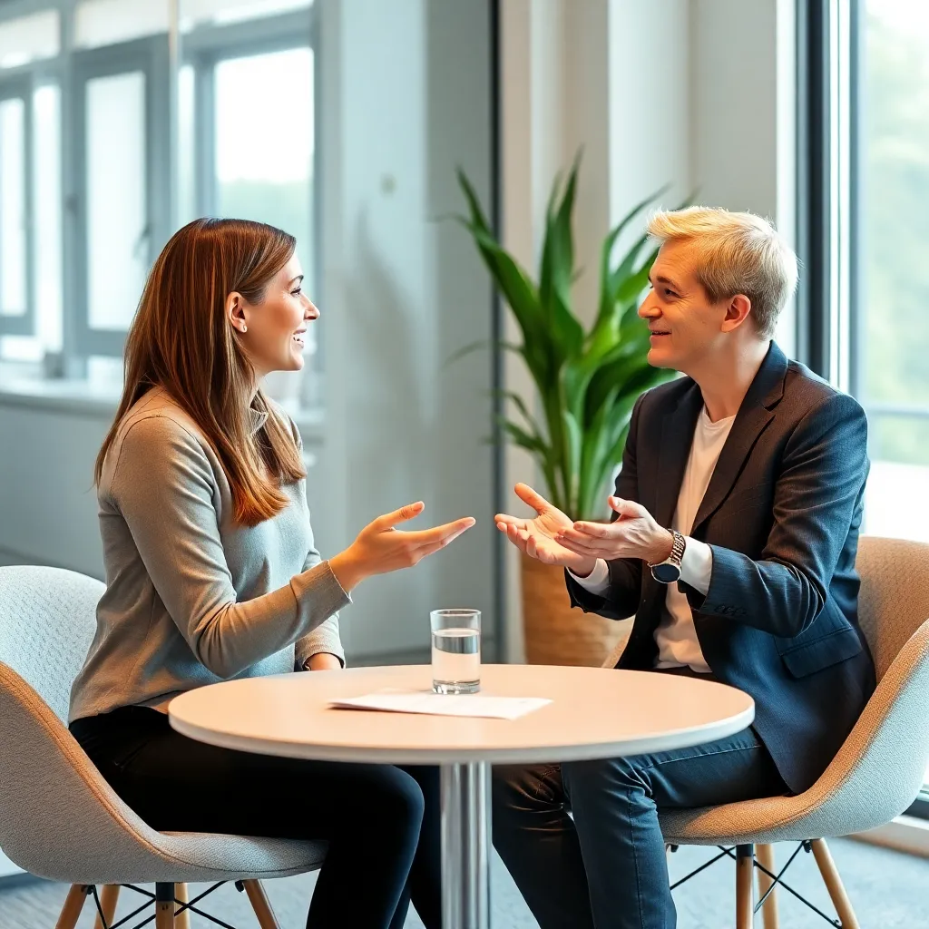Zwei Personen im Gespräch in einem modernen Coaching-Raum